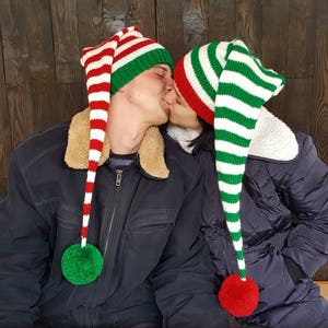 Weihnachtselfe Mütze mit Bommel: Gestrickte Zipfelmütze mit Streifen