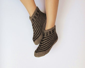 Hand Knitted Wool Slippers: Gray & Brown, 100% Natural Wool