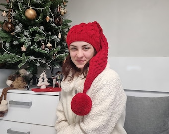 Hand-Knit Wool Blend Elf Hat: Long Tail Holiday Cap with PomPom