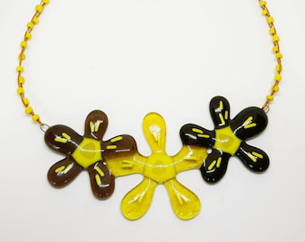 Yellow and brown glass necklace Fused glass jewelry Аutumn flowers Handmade unique design Gift for Easter Gift for girl Birthday gift moms