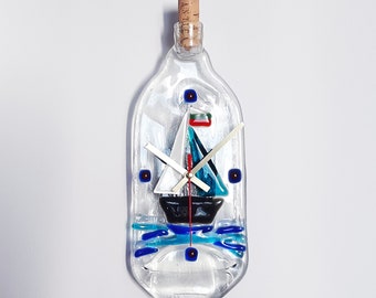 Wall Glass Clock Blue White Boat Home Decor Fused Bottle Modern Art Decoration Silent Clock Youth Room Decor Unique Wedding Gift