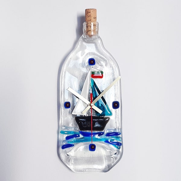 Wall Glass Clock Blue White Boat Home Decor Fused Bottle Modern Art Decoration Silent Clock Youth Room Decor Unique Wedding Gift