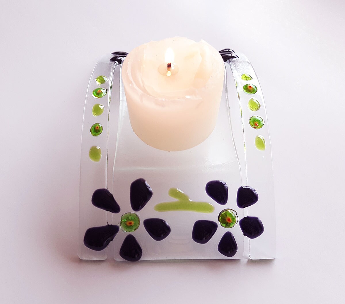 Fused Glass Tea Light Candle Holder Dark Purple Flowers Etsy