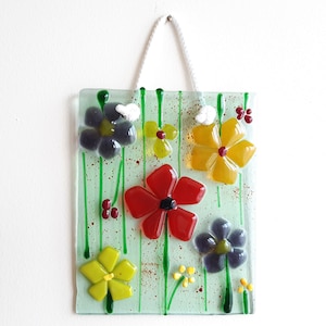 Fusing Glas Wand Panel Bunte Blumen auf Grün Basis Glas Bild Minimalismus Suncatcher Home Wanddekoration Frühling Stimmung Kunst Hochzeitsgeschenk