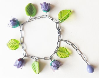 Glass Bracelet Spring Purple Flowers and Green Leaves Lampwork Technique Glass Jewelry Handmade Unique Design Floral Style Women Girl Gift