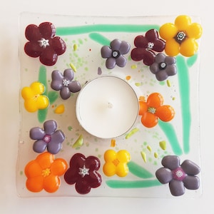 Fused Glass Tea Light Candle Holder Colorful Flowers Murano Glass Slumped Minimalist Home Table Decoration Art Handmade Art Wedding Gift