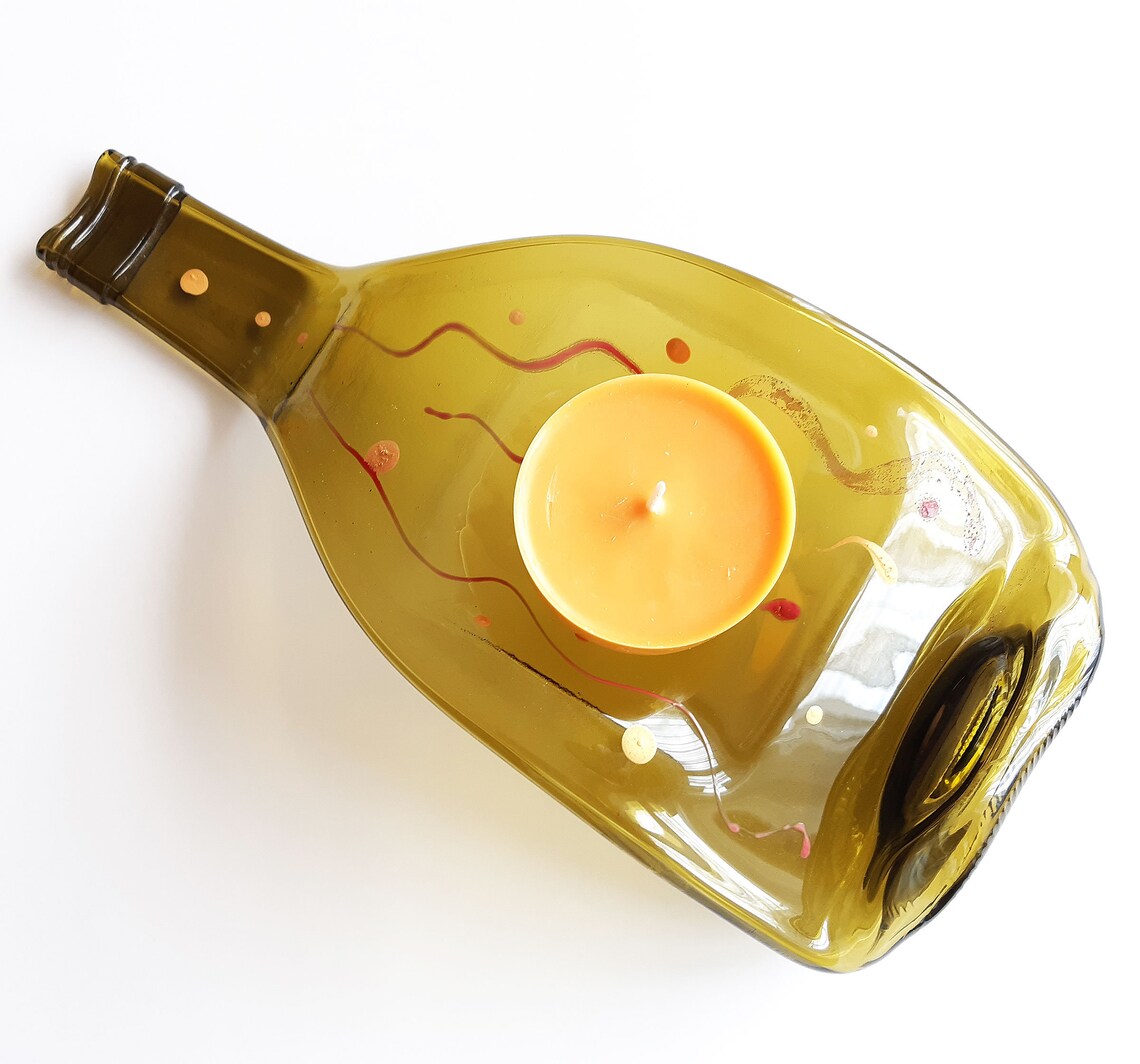 Wine Bottle Art Fused Glass Melted Recycled Handmade Candle Holder Home
