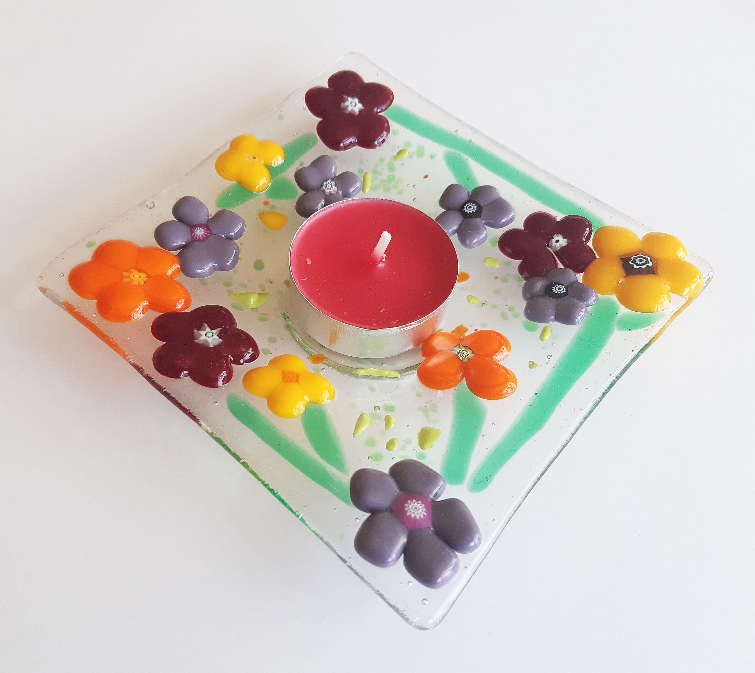Fused Glass Tea Light Candle Holder Colorful Flowers Murano Etsy