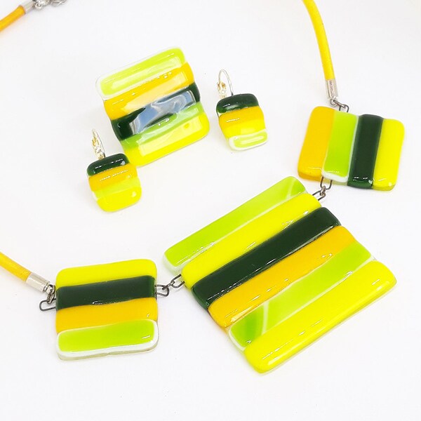 Yellow and green glass jewelry set Striped fused glass Handmade unique glass design Spring gift jewelry for girl Birthday gift moms