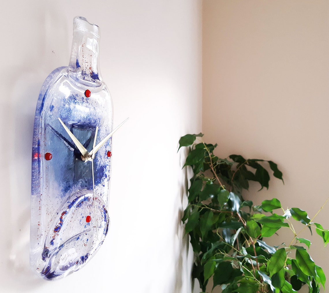 Wall Glass Clock Melted Whisky Bottle with Blue Decoration Etsy