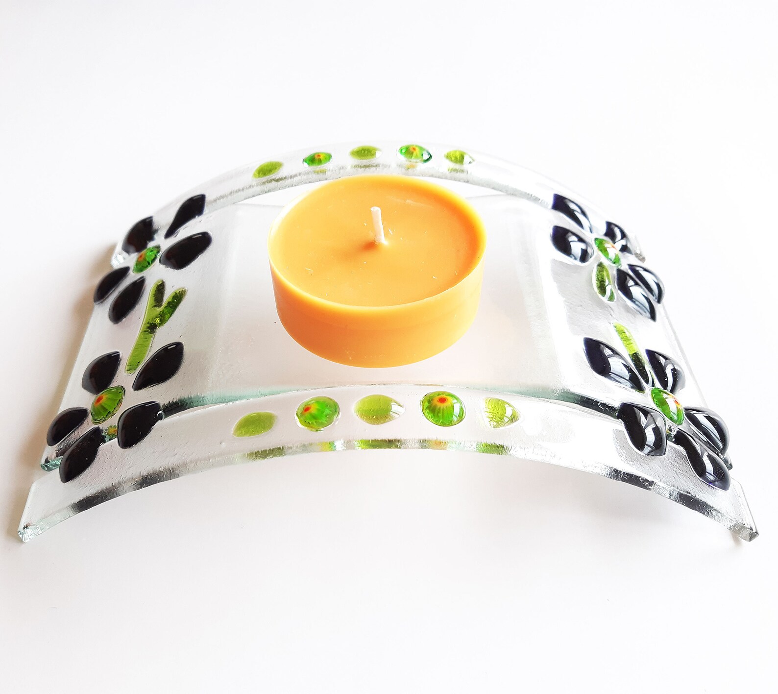 Fused Glass Tea Light Candle Holder Dark Purple Flowers Etsy