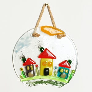 Verschmolzene GlasWandplatte Bunte Fröhliche Häuser Glas Bild Minimalismus Glas Sonnenfänger Home Wanddekoration Frühling Stimmung Kunst Hochzeit Geschenk