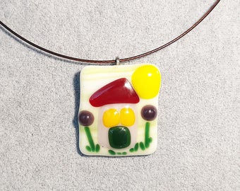 Glass necklace House glass pendant Sunny cottage jewelry Fused glass house necklace Handmade unique design Gift for Easter Gift for girl
