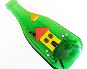 Groene wijnfles kunst gesmolten glas gesmolten gerecycleerd schotel lade lepel rust muur Home decor geel huis geplet ingezakte fles serveerschaal
