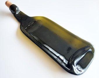 Bruin-groene wijnfles kunst gesmolten glas gesmolten gerecycleerd schotel lade lepel houder kaarshouder woondecoratie geplet neergestreken fles serveerschaal