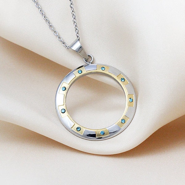 Chakram Necklace Stainless Steel with Aquamarine Crystals Geeky Jewelry, Geek Necklace, Chakram Pendant Cosplay, Warrior Cosplay