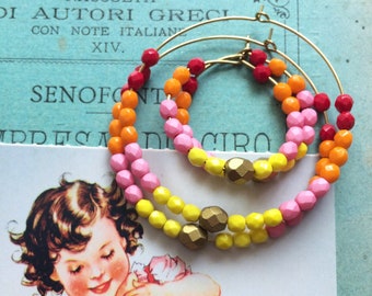 Hoop earrings, Czech glass faceted bead hoop earrings, Multicolored hoop earrings, Beaded earrings, Circles