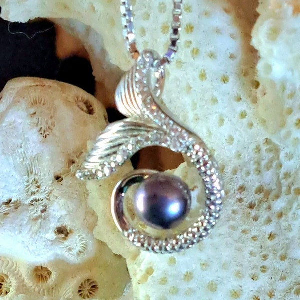 Trending Sterling Silver Mermaid Tail Necklace with CZ's & Black Freshwater Pearl Lorelei, Anniversary, Mermaid, Gift, Birthday