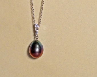 Fabulous 11mm Plum Purple Freshwater Drop Pearl CZ Necklace with Chain Sterling Silver, Black Pearl, 30th Anniversary Gift, Prom