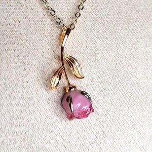 Handmade Glass Raspberry Pink Rose Pendant Necklaces 925 or 925 Gld Plated Stem