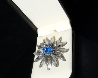Exquisite Estate Vintage Blue Rhinestone Embossed Flower Brooch, Mother Gift, Costume Jewelry, Unique, 30s-40s, Star Flower,