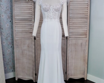 Sheer Bodice Bridal Gown :{| Aldora // fit & flare chiffon dress with train, lace embroidery, tulle flutter sleeves