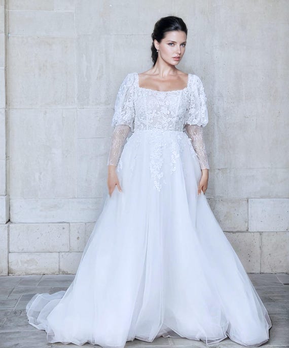 beaded and lace wedding dress DreamDress By PMN Cahira Fit-N-Flare Wedding Dress Gown Scalloped V-Neck Open Back Flowers Lace Applique Fully Lined Chapel main image 1