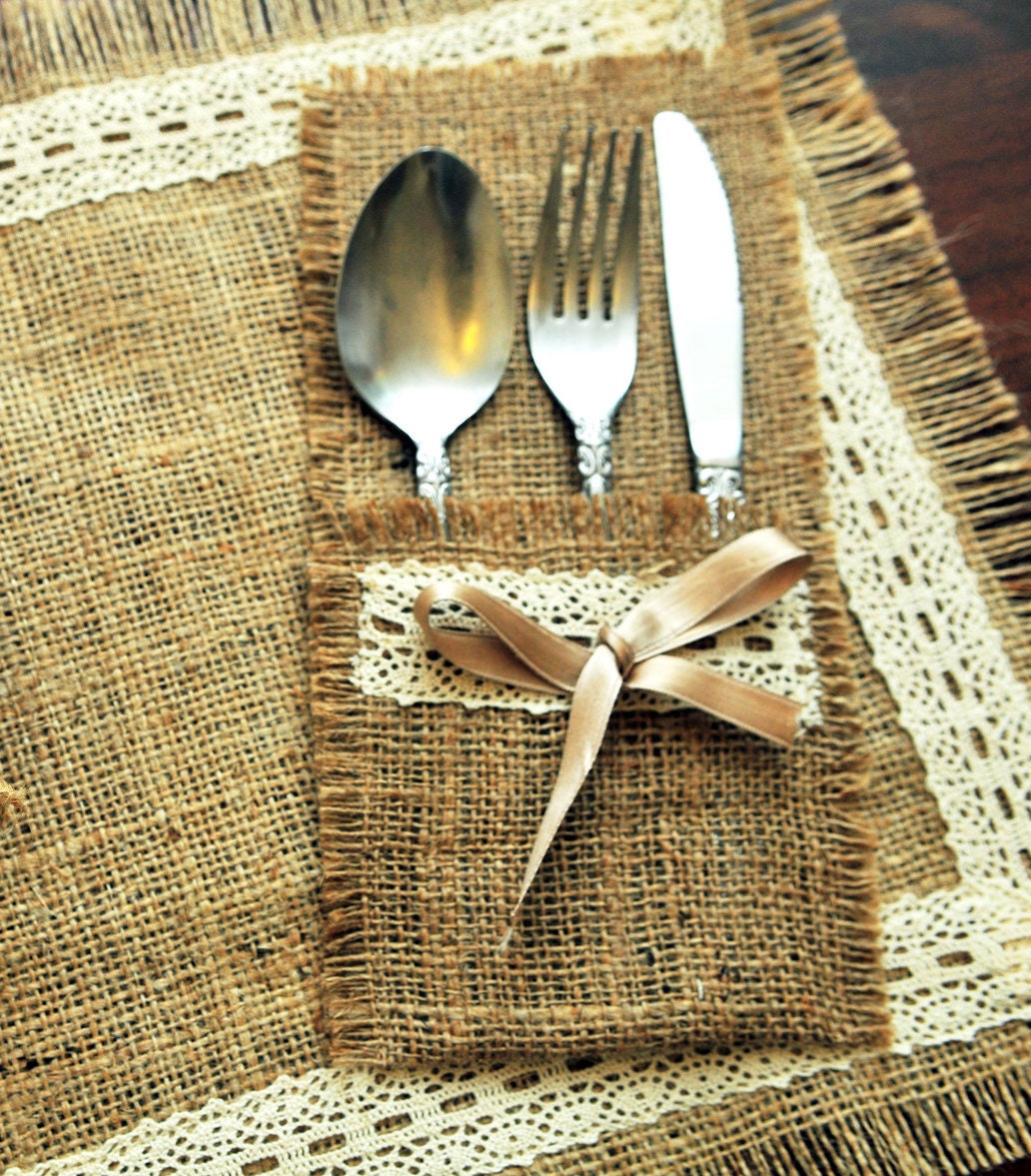 Burlap placemat silverware pocket for rustic table Etsy