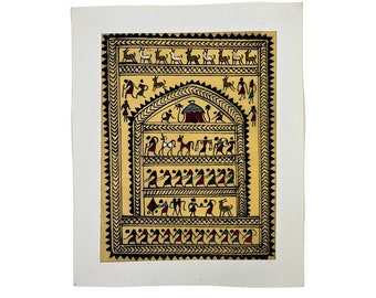 Peinture de Pattachitra, thème de la vie du village de Saura sur soie de tussar avec bordure en papier, sans cadre | Oriya Patachitra Peinture représentant l'Inde de l'Est