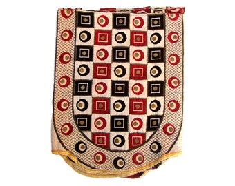 Sofa Back Cover or Chair Slip Cover Circle and Squares Design Gujarati Folk Embroidery Maroon Black Cream Colored Indian, Housewarming Gift