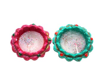 Clay Pot Candle Diya Pink and Green-Set of 2 India | Terracotta Container Candle Wax | Colorful Glitter White Wax Diya | 1 Hour Burn Time