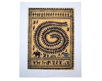 Pattachitra Painting Saura Spiral of Life Theme on Tussar Silk with Paper Border Unframed | Oriya Patachitra Painting of East India
