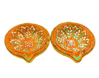 Diya Terracotta Floral Orange Swastika Centre with Golden Lace Rim |Orange Clay Candle Holder Round Medium Size | Diya Orange India