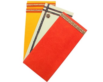 Enveloppes assorties, papier cartonné recyclé et lacets, lot de 3 | Enveloppes orange, vert thé et jaunes Shagun fabriquées à la main en Inde