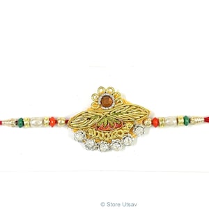 Rakhi Golden Floral Dabka Work + Tika | Rakhri Leaf Design Beaded Golden Wire Dabka Embroidery Cotton Strings Bracelet Unisex