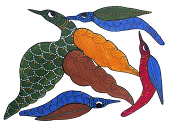 Mother Bird and 3 Chickens Gond Painting Original Acrylic | Animal Theme Wall Decor Door | Gond Painting of Madhya Pradesh in Central India