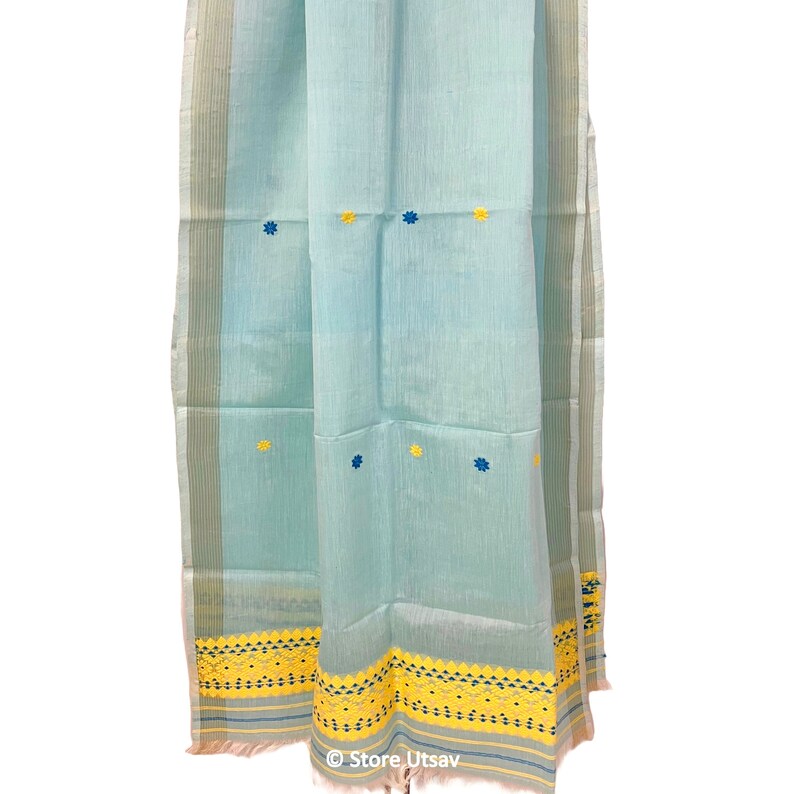 Yellow - Assam Weave Handloom Cotton Thread Buti Dupatta with Tassels