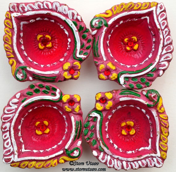 Silver Diya Terracotta Set of 4 Handmade Tealight Holder Swastika Center Red Golden Home Decor Diwali Wedding Decor housewarming gift puja