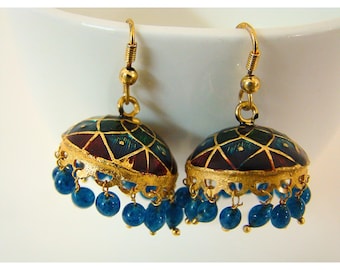 Blue Meenakari Copper Earrings Jhumka with Glass Beads, Handmade Enamel Indian Ethnic Boho Jewelry