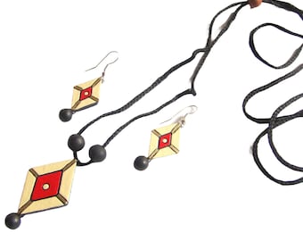 Clay Choker Necklace Earrings Set Rhombus Shape with Cream, Maroon, Golden, & Black Colors, Terracotta Jewelry Craft of West Bengal, India