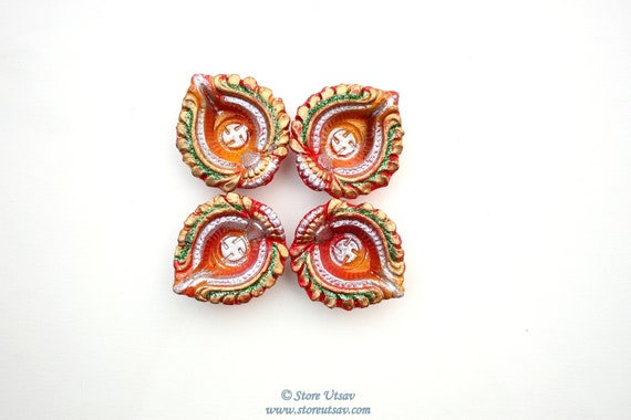 Silver Diya Terracotta Set of 4 Handmade Tealight Holder Swastika Center Red Golden Home Decor Diwali Wedding Decor housewarming gift puja