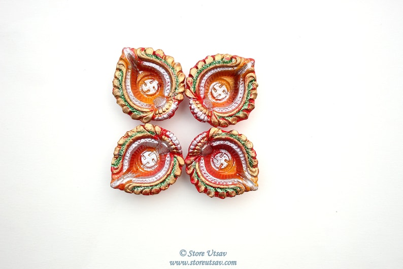 Silver Diya Terracotta Set of 4 Handmade Tealight Holder Swastika Center Red Golden Home Decor Diwali Wedding Decor housewarming gift puja