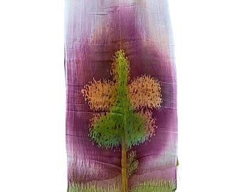 Featherlight Purple Chanderi Scarf Pure Cotton-Silk Blend, Screen Painted Tree Art Indian Dupatta Gift