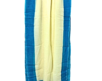 Off-White Kashmiri Pure Wool Natural Cotton Blend Scarf, Indian Hand-Dyed Turquoise Border Wrap Featherlight