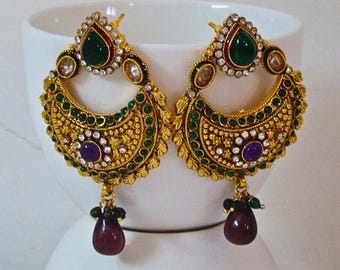 8cm Purple Themed Kundan Chandbali Earring Dangles Large, Rajasthani Gold Toned Jadaun Jewelry Gift
