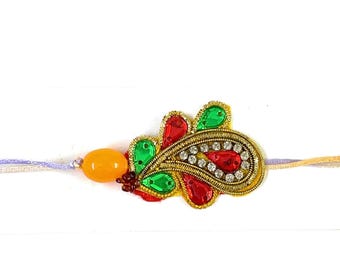 Orange Green Paisley Rakhi Bracelet Beaded Floral with Golden Metal Embroidery + Tika, Rakshabandhan Gift