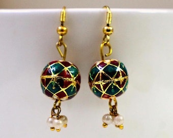 Green Red Enamel Copper Ball Earrings Dangle with Cluster Pearly Beads, Meenakari Rajasthani Jewelry