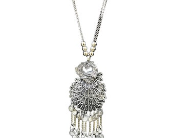Banjara Necklace Peacock Pendant Oxidized Antique Silver Style Metal Finish, Dancing Peacock Gypsy Necklace with Hanging Coin Like Filigree
