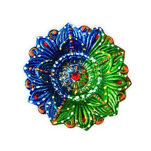 Blue Green Floral Terracotta Diy, Clay Pottery Candle Holder, Silver Sparkle Pooja Lotus Bowl