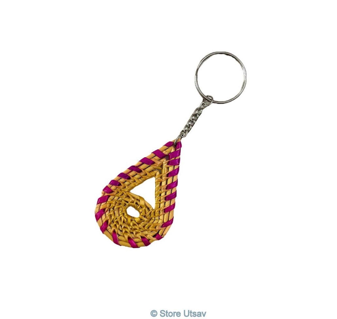 Keychain Pink Drop Shaped Hand Weaved Golden Grass Craft of Etsy